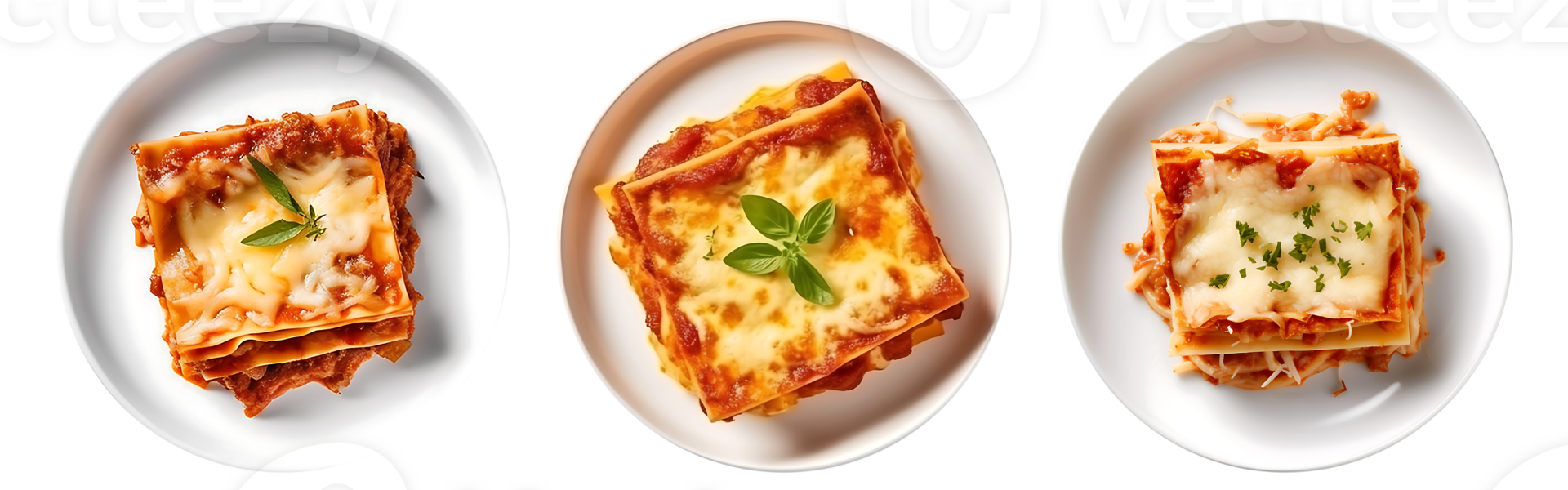 gustoso caldo Lasagna servito con un' basilico foglia su bianca ciotola, superiore Visualizza con trasparente sfondo, generativo ai png