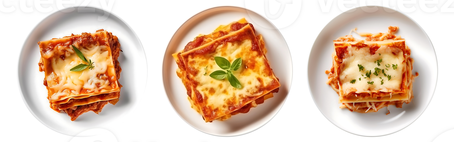 Tasty hot Lasagna served with a basil leaf on white bowl, top view with transparent background, png
