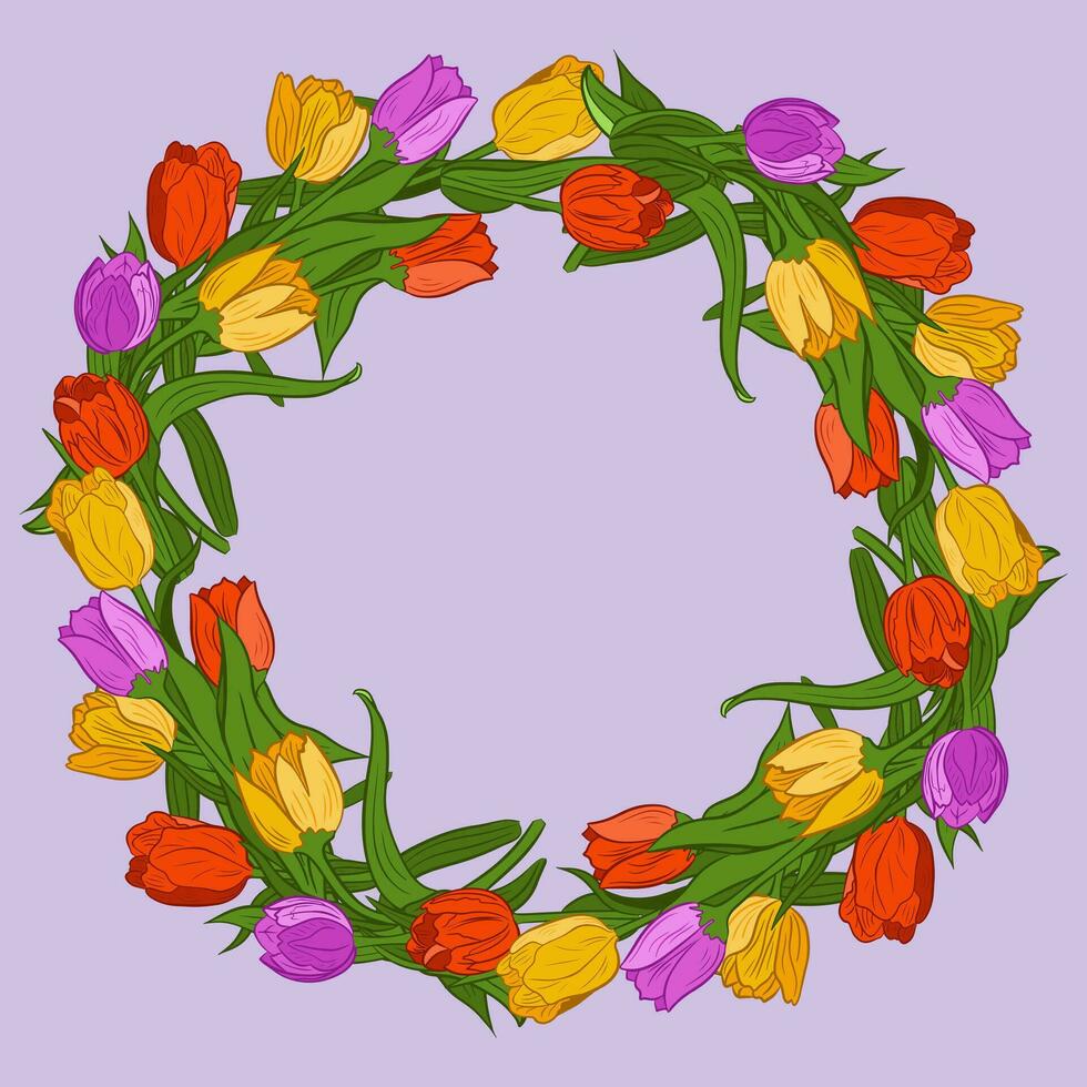 Vector outline wreath made of colored tulips. Isolated purple, yellow, red flowers on light purple color. Unique modern botanical template. Perfect for social media graphic, invitation, sales, cover