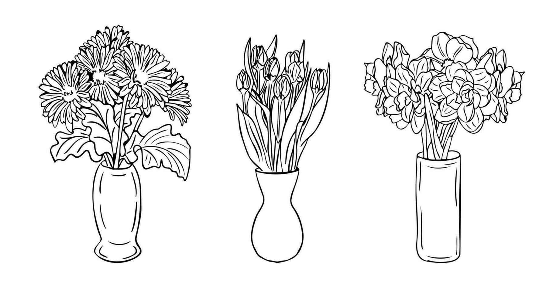 Hand drawn single line bouquets of flowers in vases. Vector isolated gerberas, tulipses and daffodils. Unique sketch illustration. Perfect for coloring pages, tatoo, background, wrapping paper, border