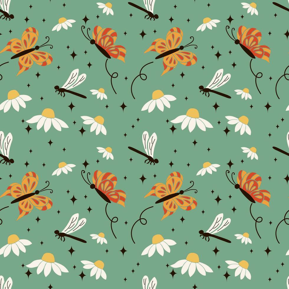 Minimalistic floral seamless pattern in retro style. Flat chamomiles or daisies with butterflies and dragonflies on green background. Perfect for decoration, background, kids textile, wrapping paper vector