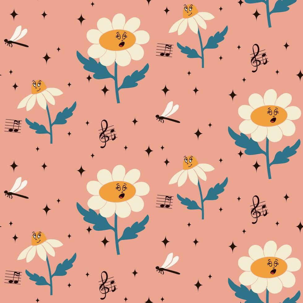 Cartoon floral seamless pattern in retro style. Flat chamomiles or daisies with musical notes and dragonflies on pink background. Perfect for decoration, background, kids textile, wrapping paper vector