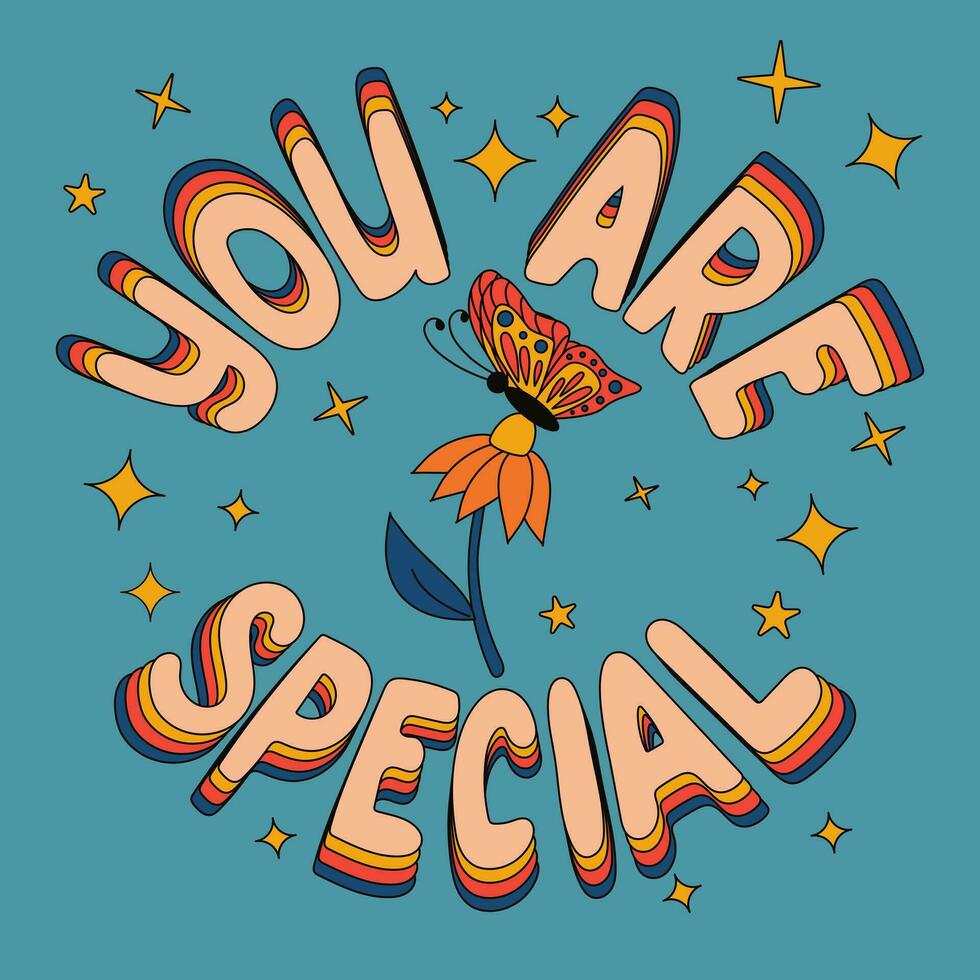 Motivating cartoon typographic composition. Isolated outline slogan You Are Special in flat 3d style. Text and daisy with butterfly on blue background with stars. Suitable for tshirt print, banner. vector