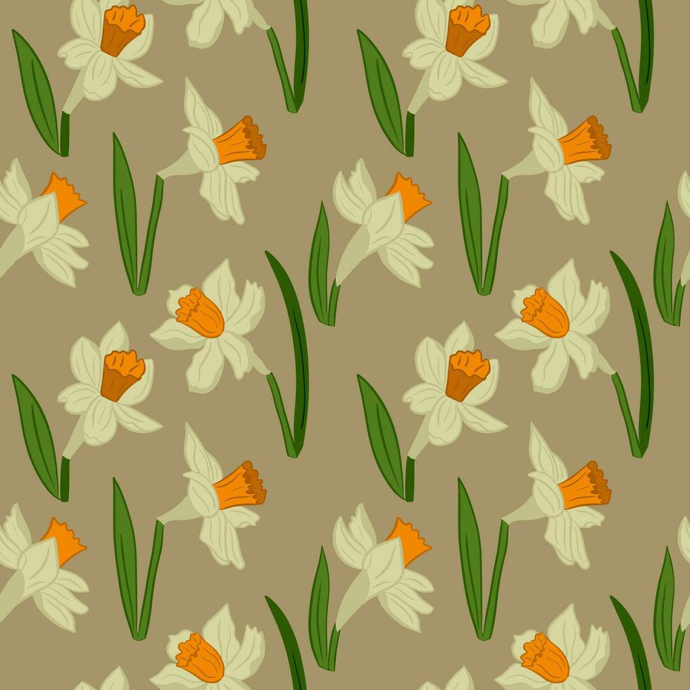 Botanical seamless pattern with blooming daffodils. Flat vector flowers with leaves on beige background. Ideal for wrapping paper, background, wallpaper, textile, banner