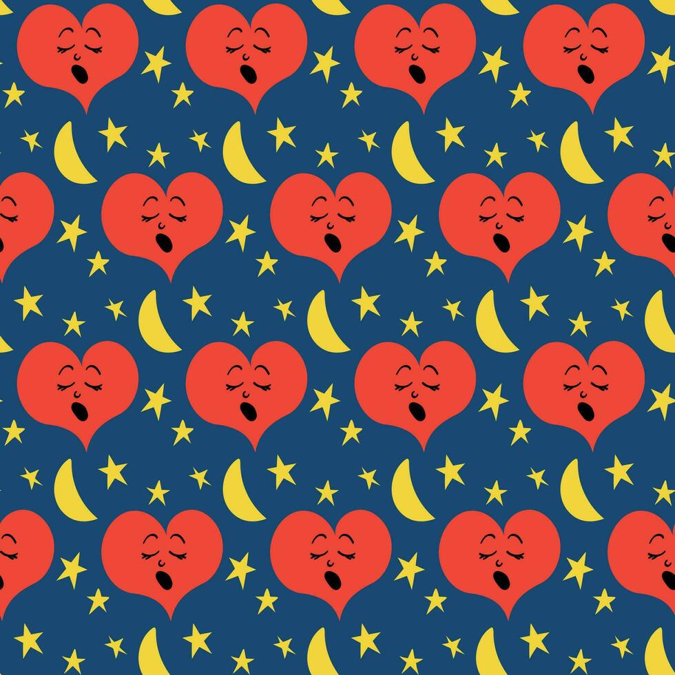 Sleepy heart with moon seamless pattern on dark blue background. Flat vector hand drawn illustration with cute character and moon with stars. Suitable for interior decoration, textile, wrapping paper