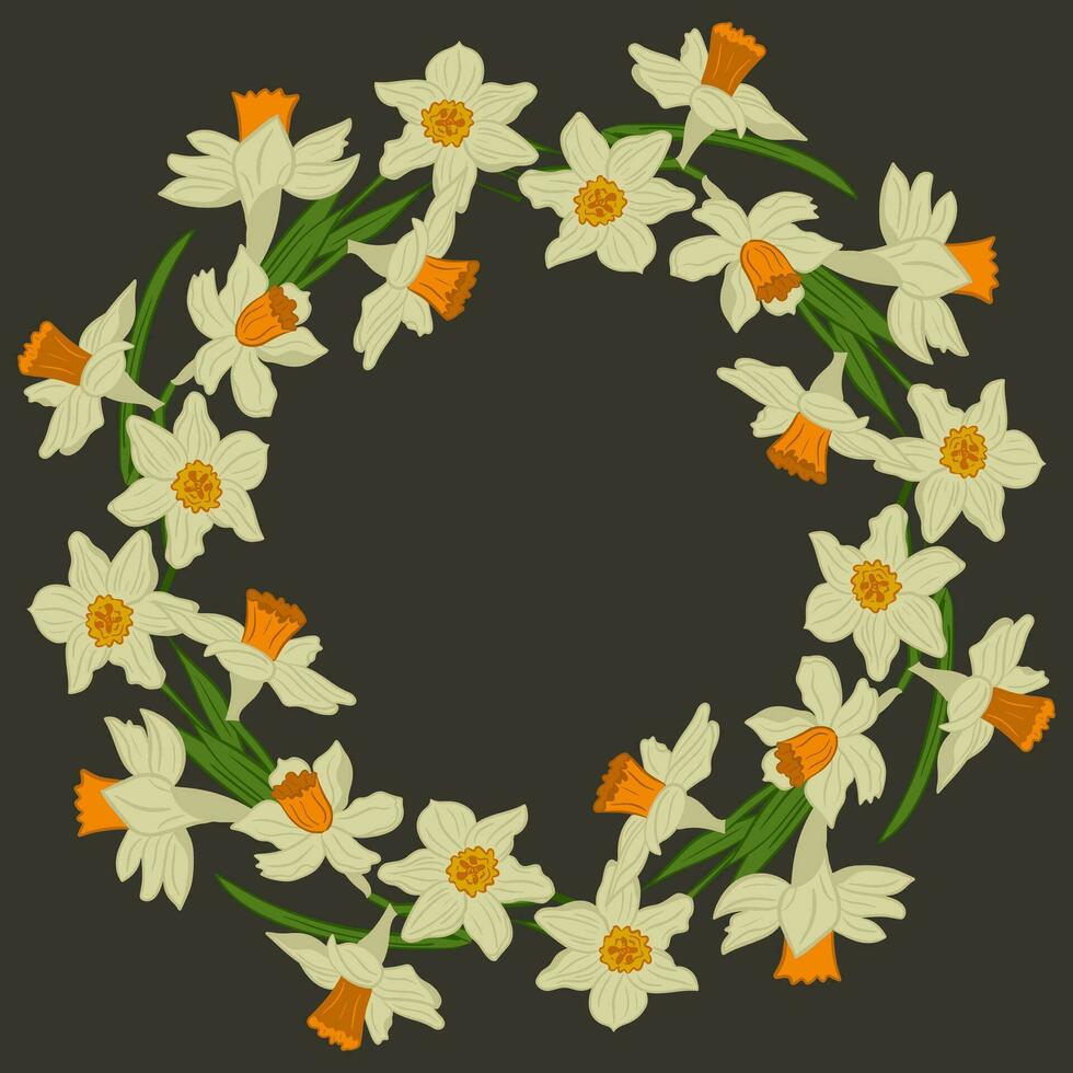 Vector floral wreath made of isolated blooming daffodils on dark background. Unique modern botanical template. Perfect for social media graphic, invitation, sales, cover, wedding invitation