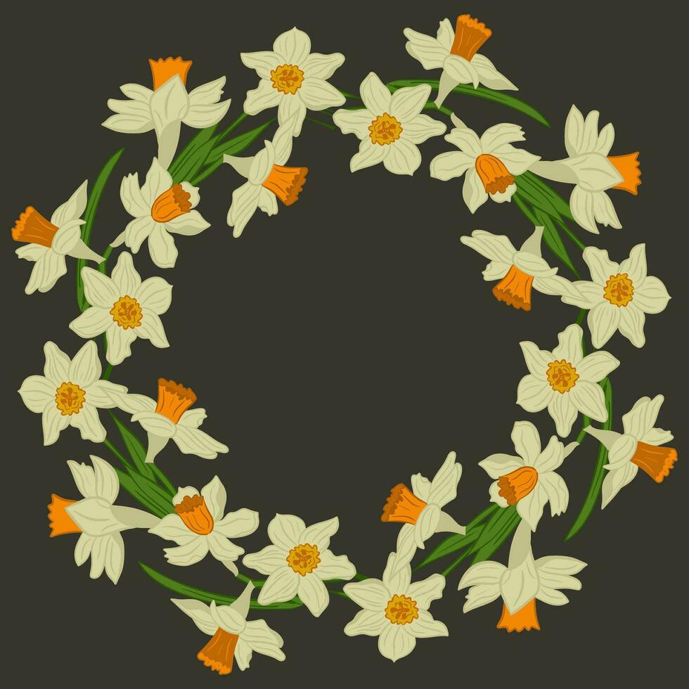 vector floral guirnalda hecho de aislado floreciente narcisos en oscuro antecedentes. único moderno botánico modelo. Perfecto para social medios de comunicación gráfico, invitación, ventas, cubrir, Boda invitación