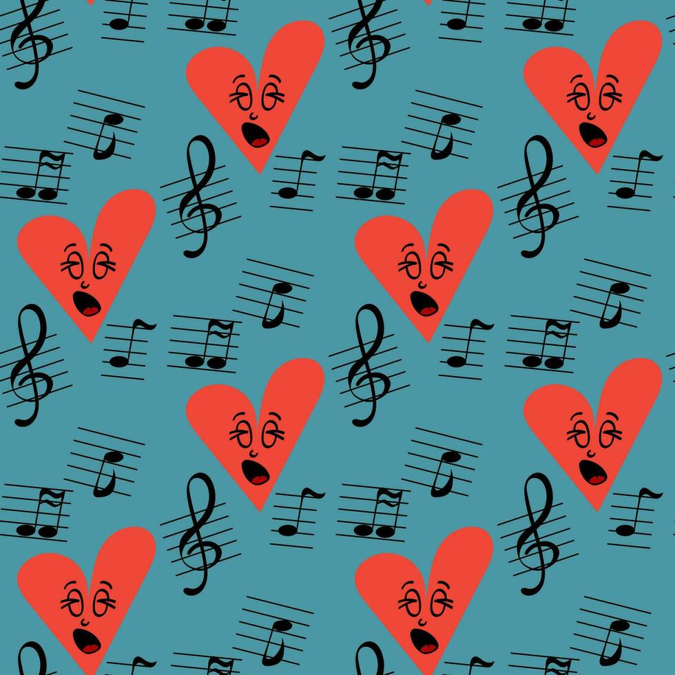 Unique singing heart with notes seamless pattern. Vector flat hand drawn illustration with cute cartoon character. Perfect for decoration, background, textile, wrapping paper, scrapbooking