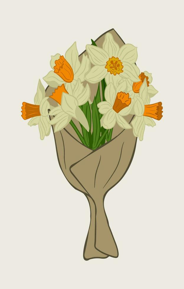 Bouquet of daffodils in craft wrapping paper. Outline flat vector illustration. Isolated floral bunch on white background for greeting card, invitation, background or banner.