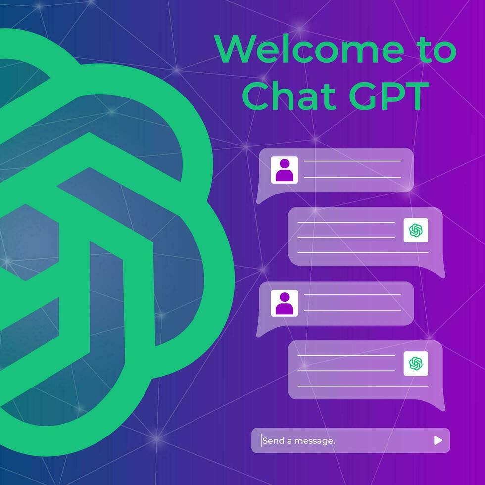 Welcome to Chat GPT banner. Dialogue with GPT artificial intelligence to get ideas, thoughts and communication. Ai analytics, data analysis, electronic mind, futuristic technology service. Vector