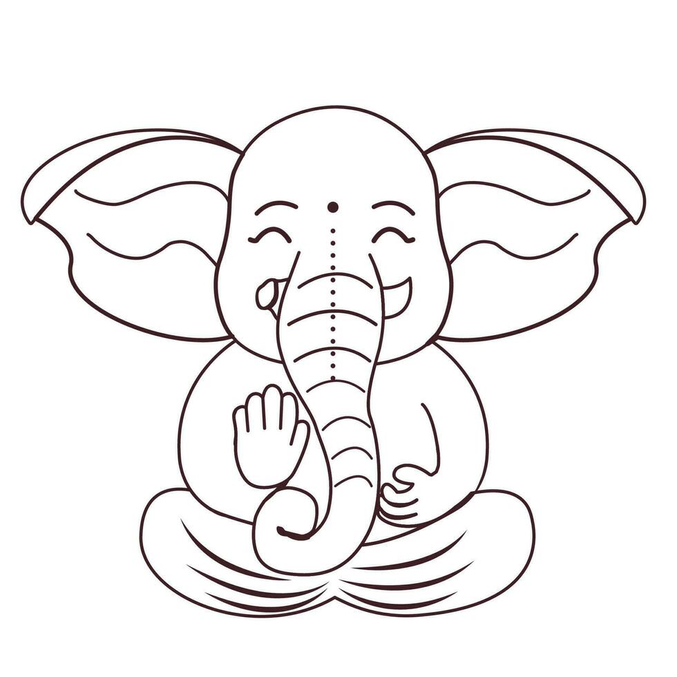 Little cute Ganesh, religious traditional god elephant outline drawing in cartoon character isolated on white background. Vector illustration