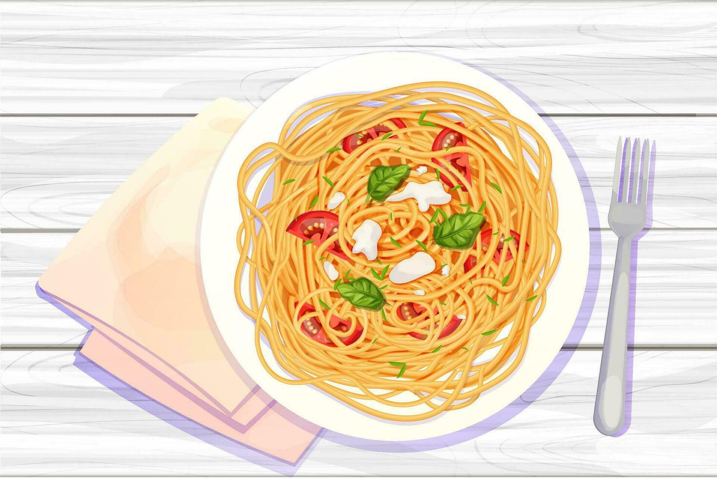 Spaghetti Pasta in wooden plate with tomatos, basil, mozzarella in cartoon style top view detailed and textured on wooden background. food, italian cuisine. Vector illustration