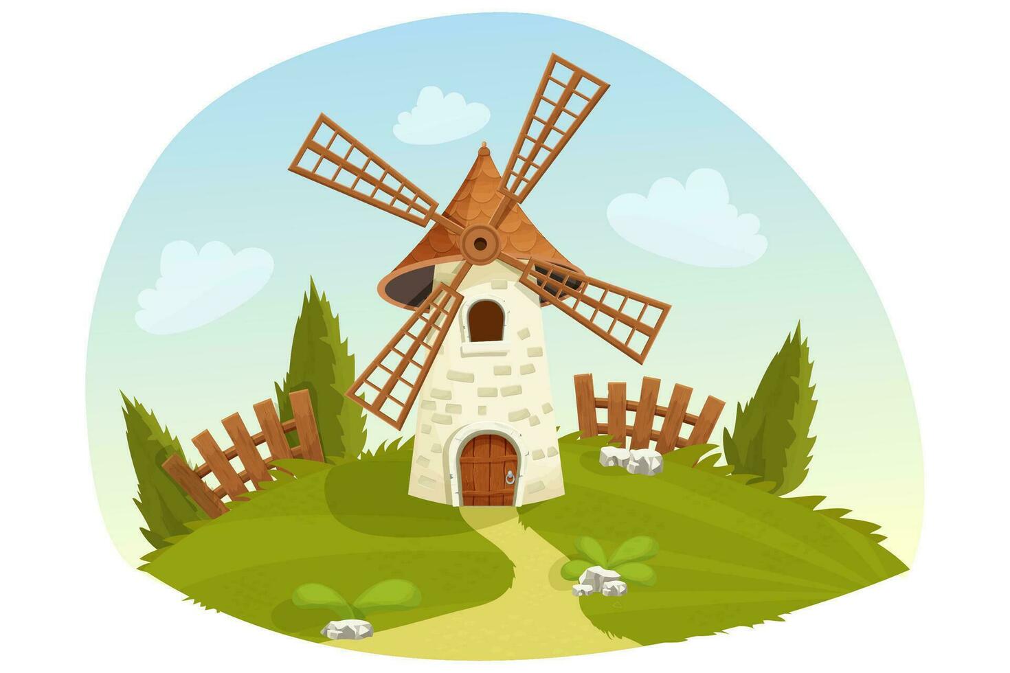 Windmill fairy landscape with wooden fence, grass, trees, farming in cartoon style isolated on white background. Retro, rural building, tower with wooden propeller. Clipart, design element. vector