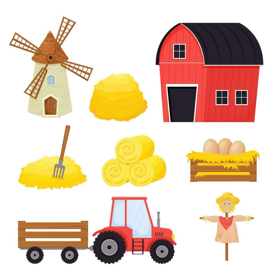 Farm set with bale of hay, scarecrow, windmill, tractor in cartoon style isolated on white background. Agriculture collection, rural elements. Vector illustration