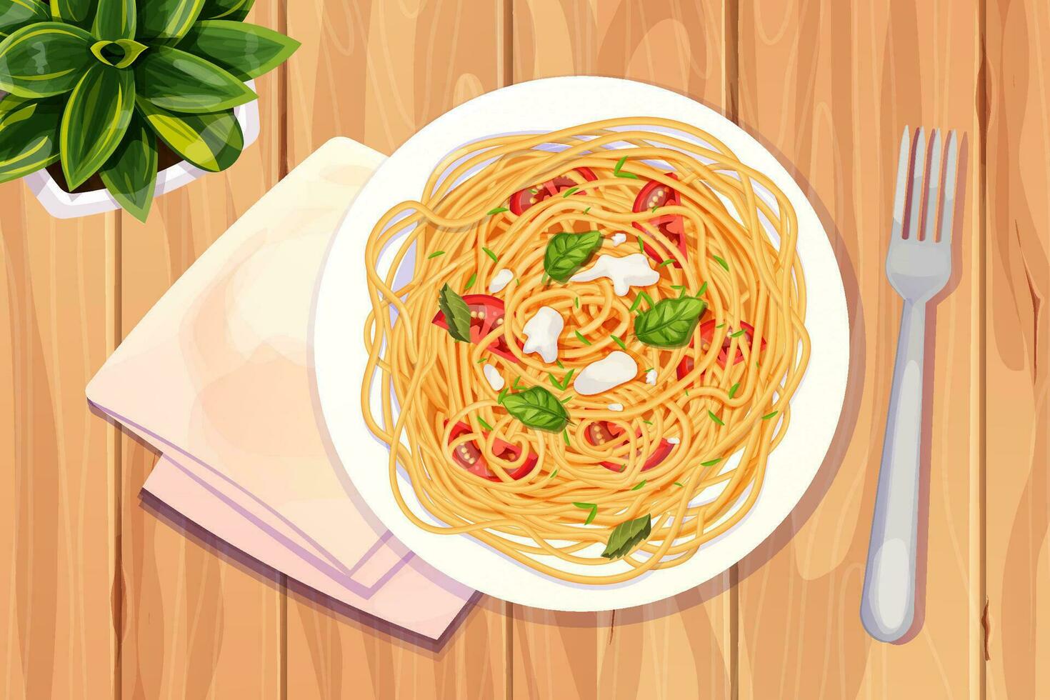 Spaghetti Pasta in wooden plate with tomatos, basil, mozzarella in cartoon style top view detailed and textured on wooden background. food, italian cuisine. Vector illustration