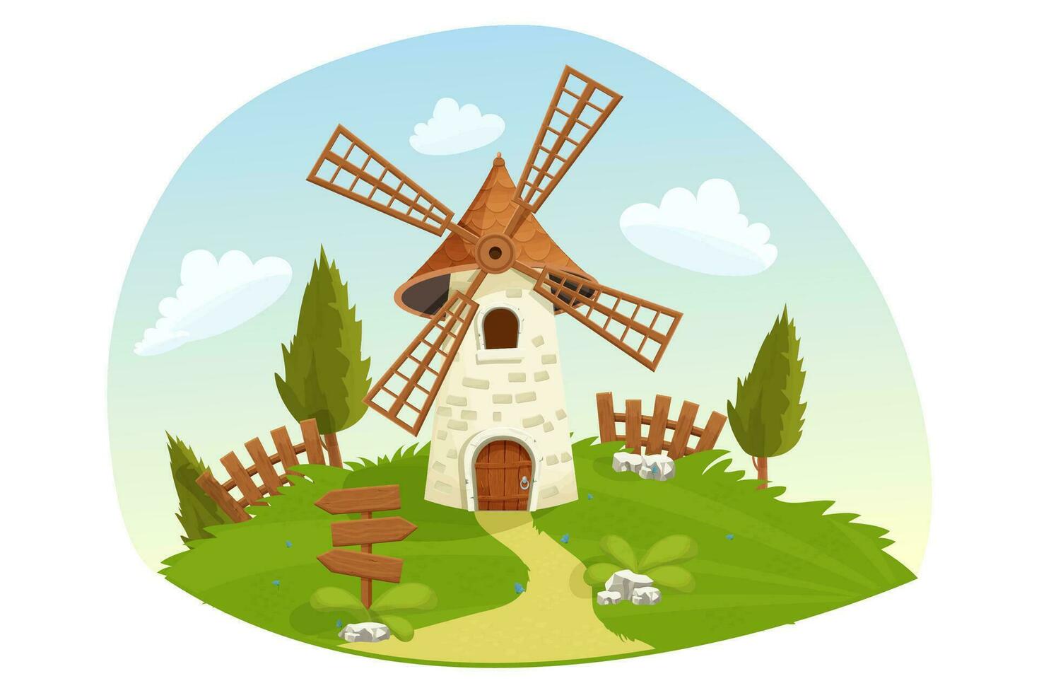 Windmill fairy landscape with wooden fence, grass, trees, farming in cartoon style isolated on white background. Retro, rural building, tower with wooden propeller. vector