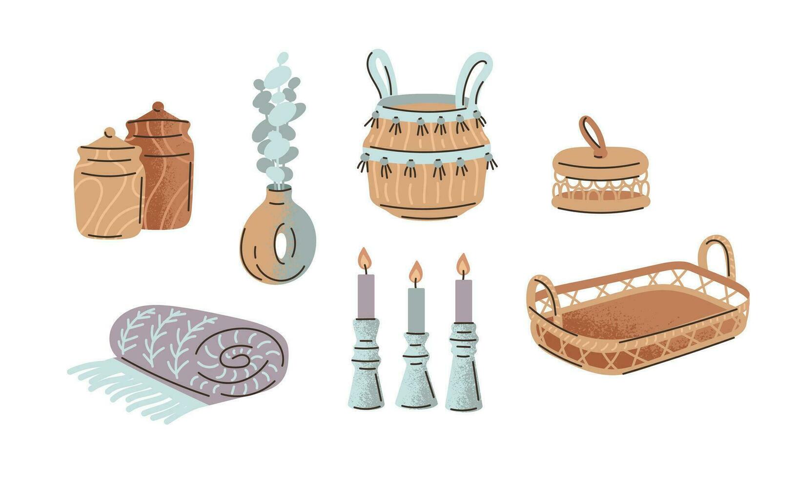 Flat hand drawn vector illustration. A set of home decor items. Wicker basket, candlestick, vase with eucalyptus, jars, plaid. Scandinavian style in the interior. Cozy hygge atmosphere at home.