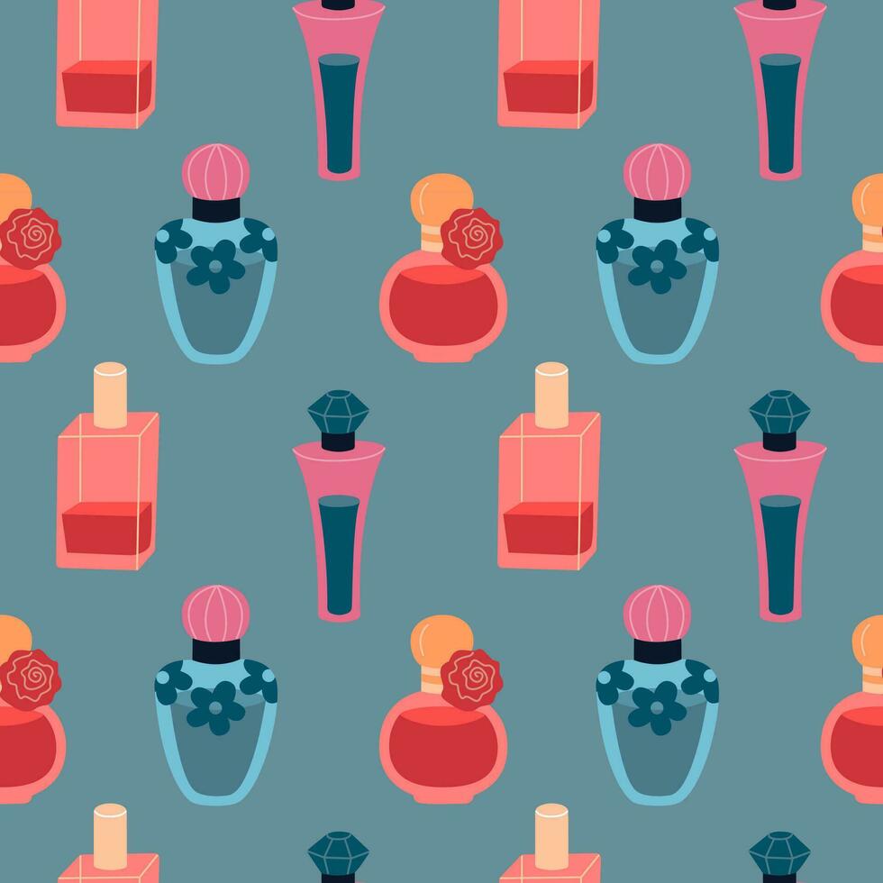 Seamless pattern of beautiful perfume bottles. Women's perfume with different scents. Flat vector illustration.