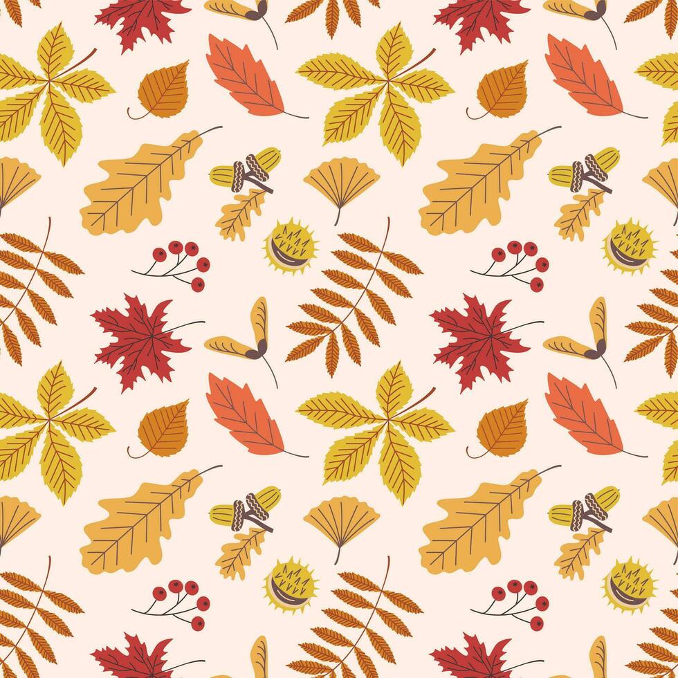Seamless pattern of autumn plant elements. Vector illustration of fruits and leaves in autumn colours.