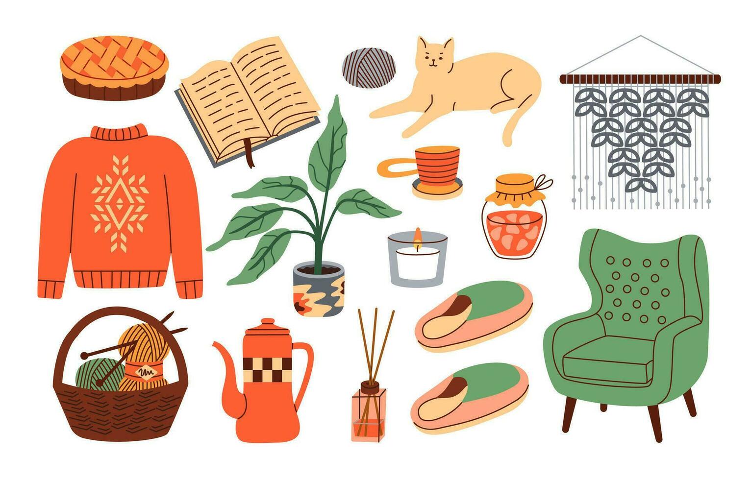 Cute cozy autumn. Season elements collection, tea, candle, plant, book, chair, cat, yarn jam slippers Hygge house Flat vector illustration