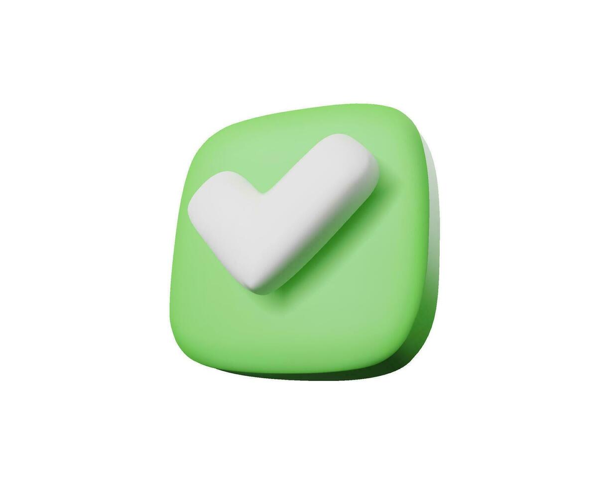 3d render icon of Green aprove checkmark button. Agree sign vector