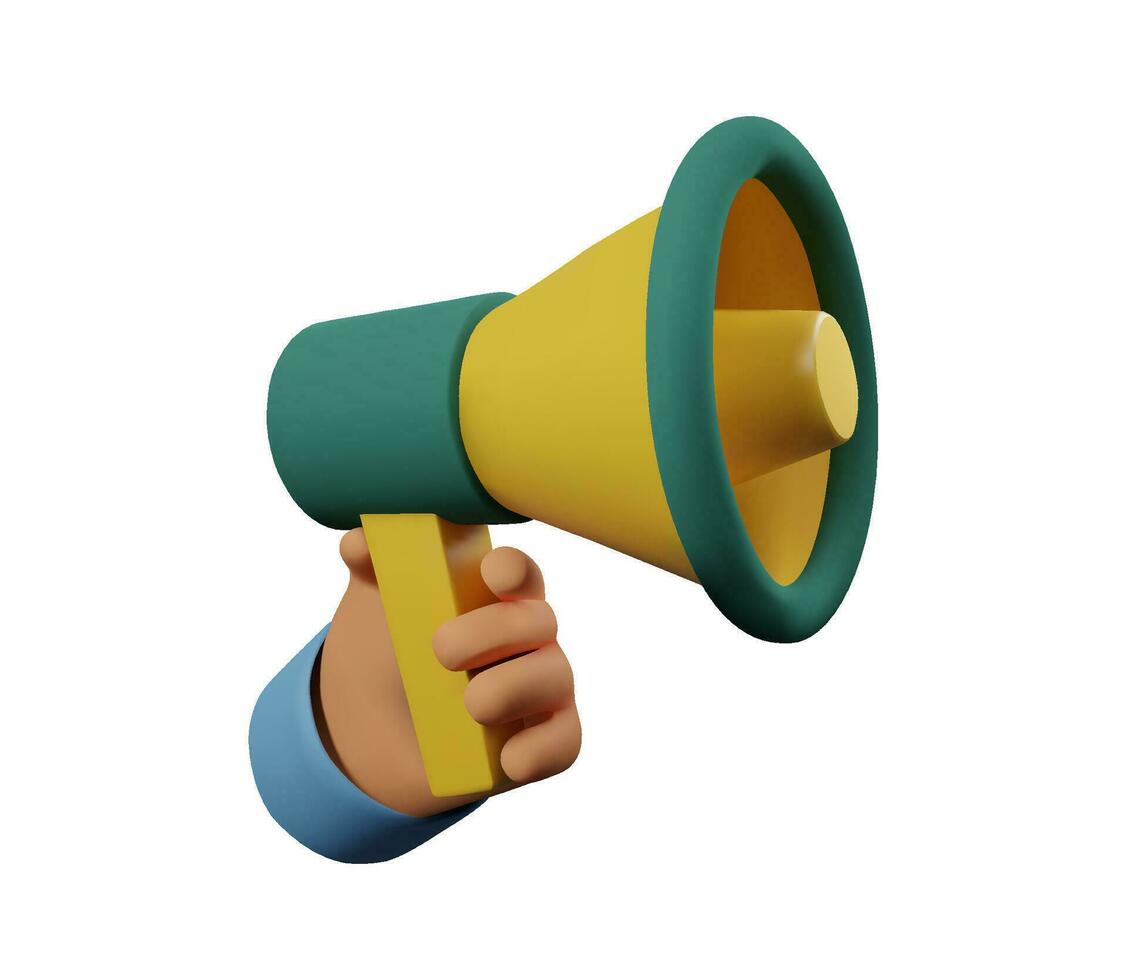 3d render hand holding a megaphone in green and yellow color for web and app. Plastic cartoon style vector