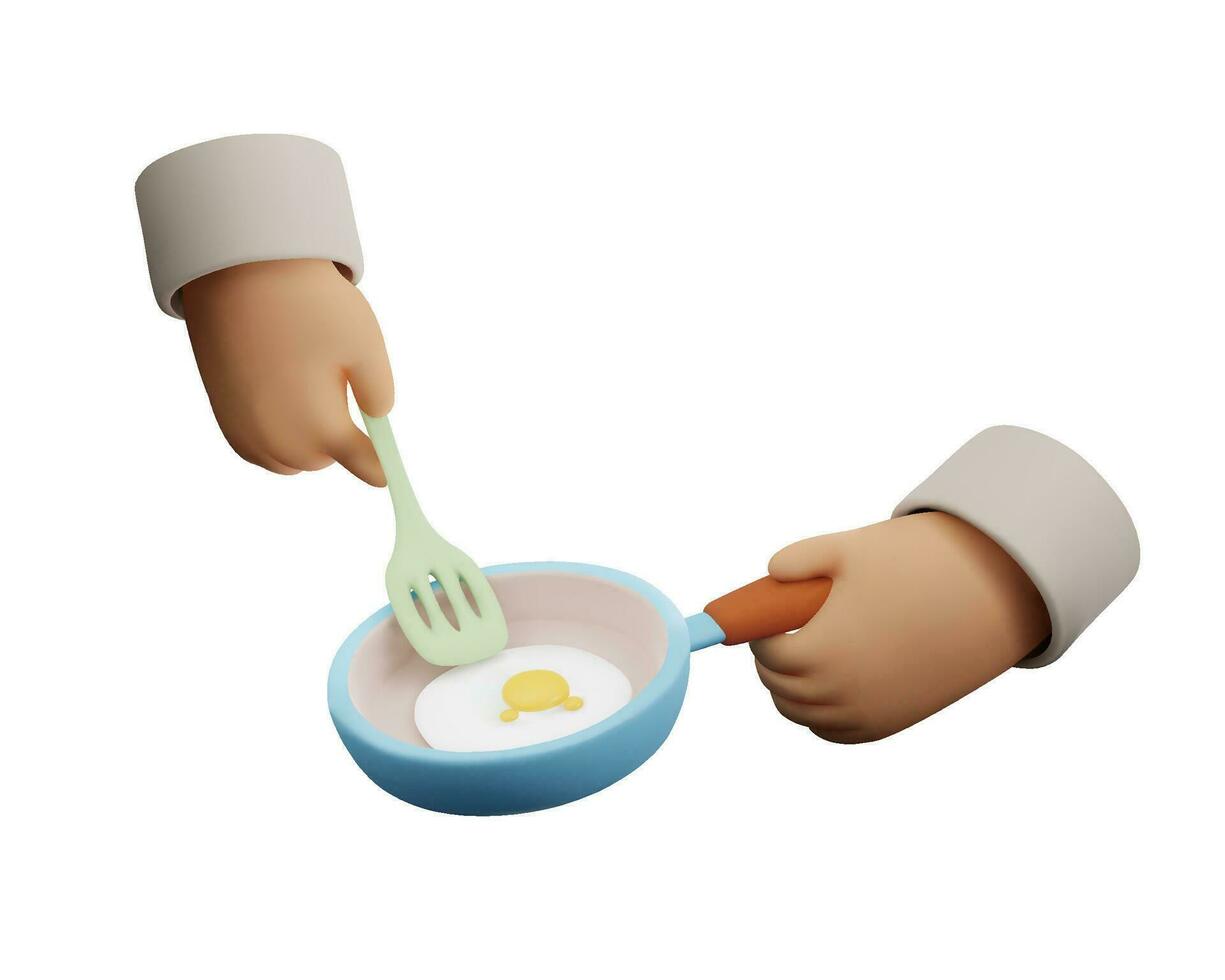 3d render of a cartoon hand holding a frying pan with a fried egg. A hand holds a scapula vector