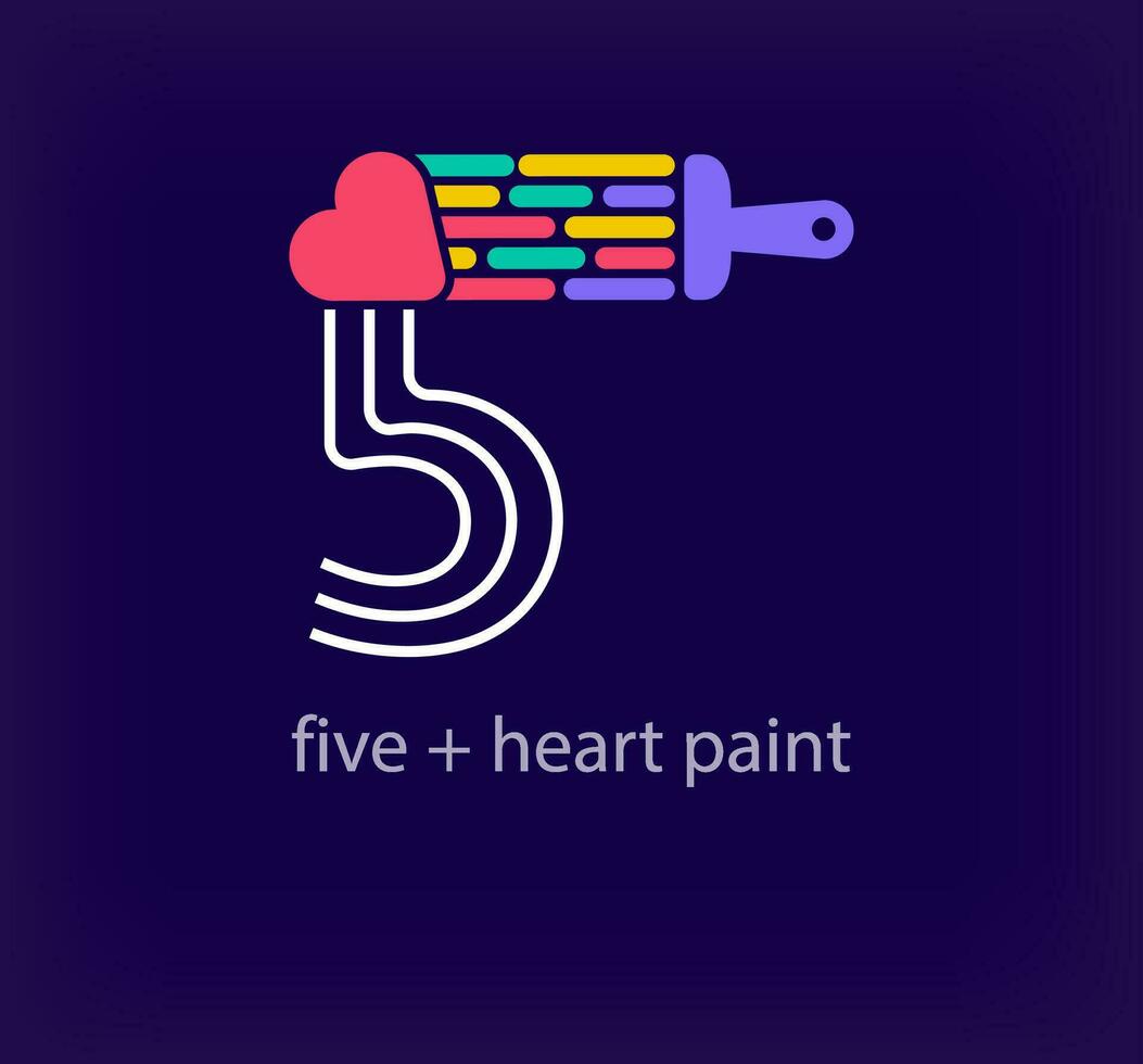 Creative number 5 heart paint logo. Unique color transitions. Unique linear letter a coloring number 5 logo template. vector