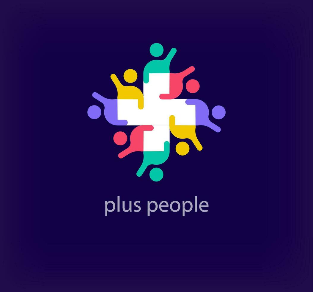People plus team logo around creative heart. Unique color transitions. Unique teamwork plus logo template. vector