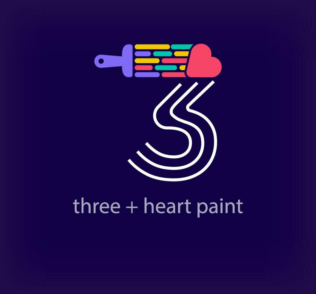 Creative number 3 heart paint logo. Unique color transitions. Unique linear letter a coloring number 3 logo template. vector