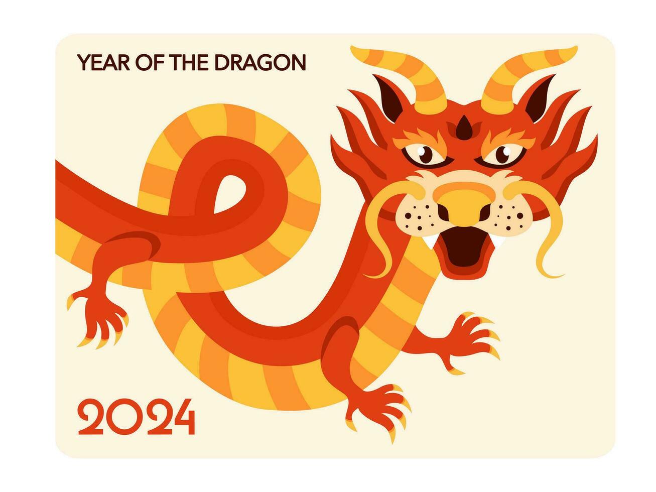 Dragon greeting card template in flat style. Happy Chinese New Year 2024. Traditional Asian holiday lunar calendar. vector