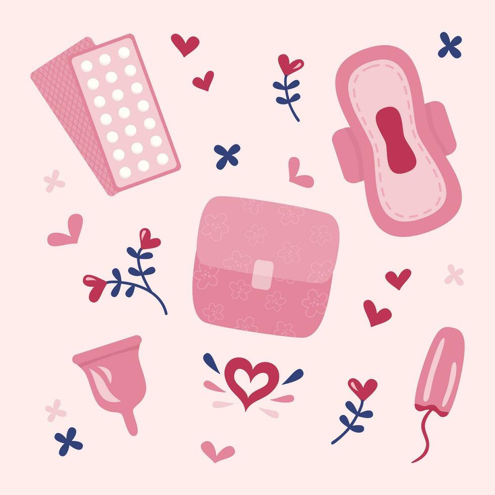 Set of feminine hygiene and health elements in cute flat style. Menstrual pad, cup, tampon. Hormonal contraceptives. vector