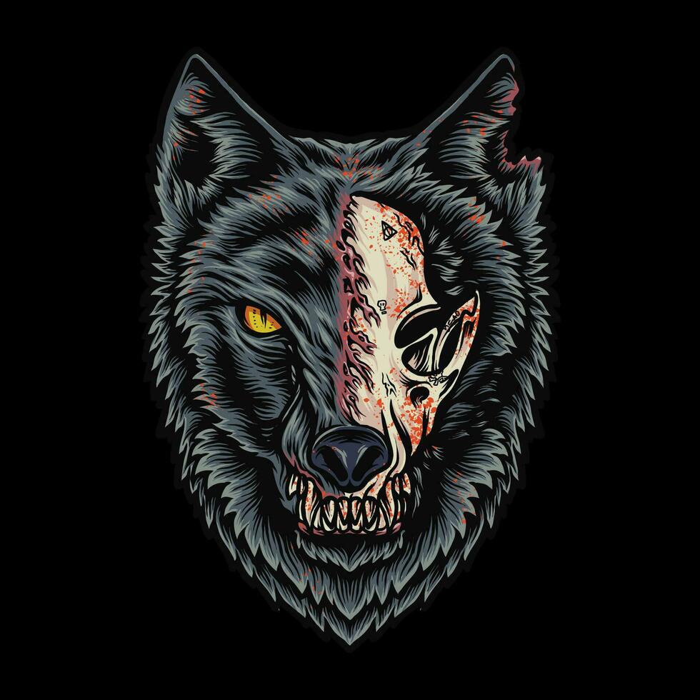 a zombie wolf with a half-destroyed face vector