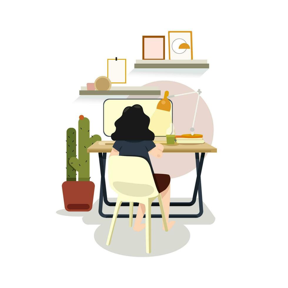 WOMAN STUDYING AT STUDY DESK vector