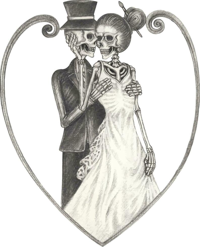 Pareja en amor Boda calaveras mano dibujo y hacer gráfico vector. vector