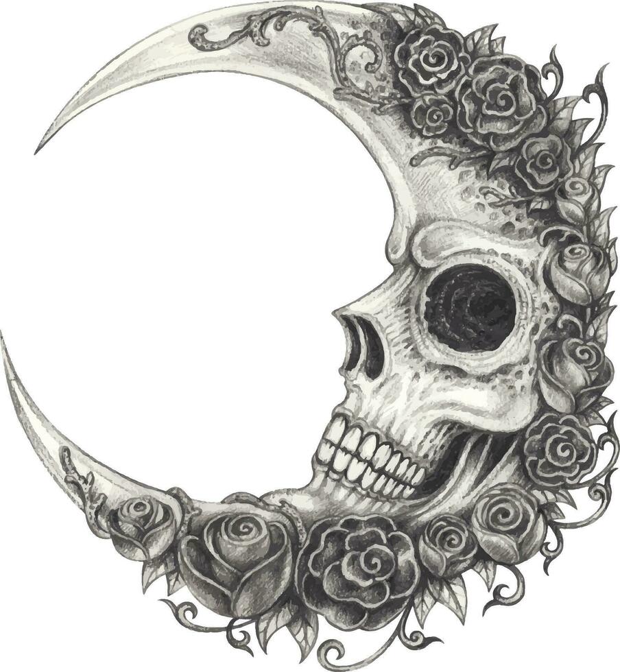 Fantasy moon skull. Hand drawing and make graphic vector. vector