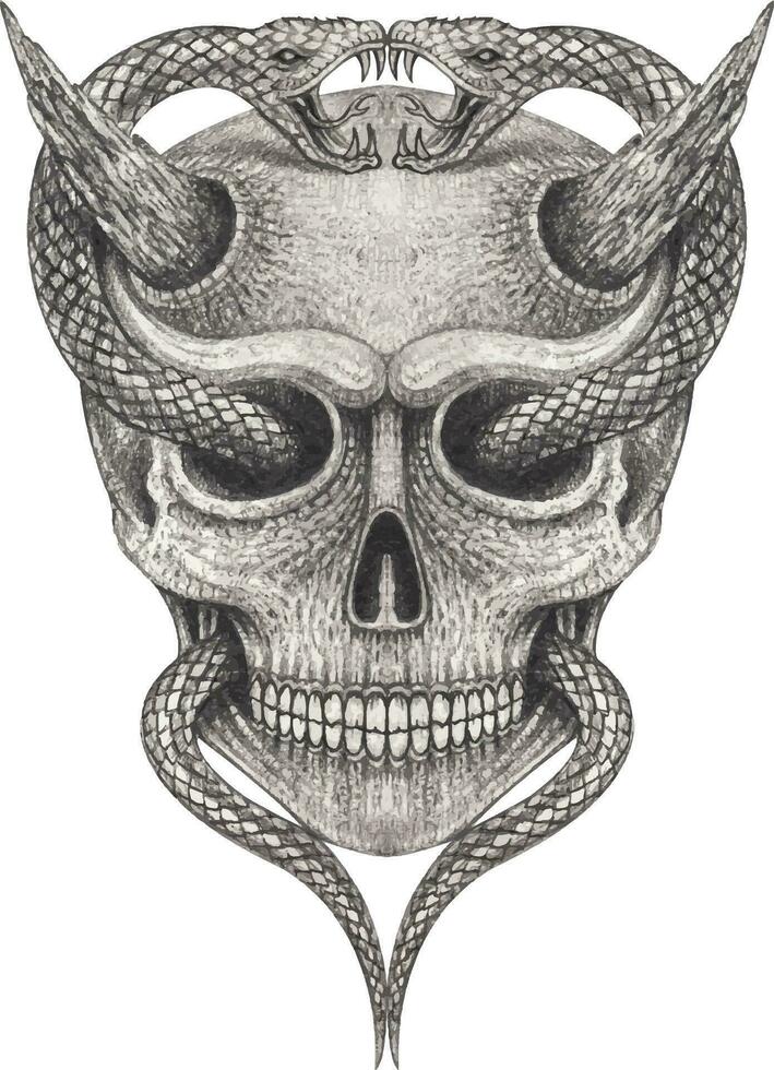 Surreal devil skull tattoo. Hand drawing and make graphic vector. vector