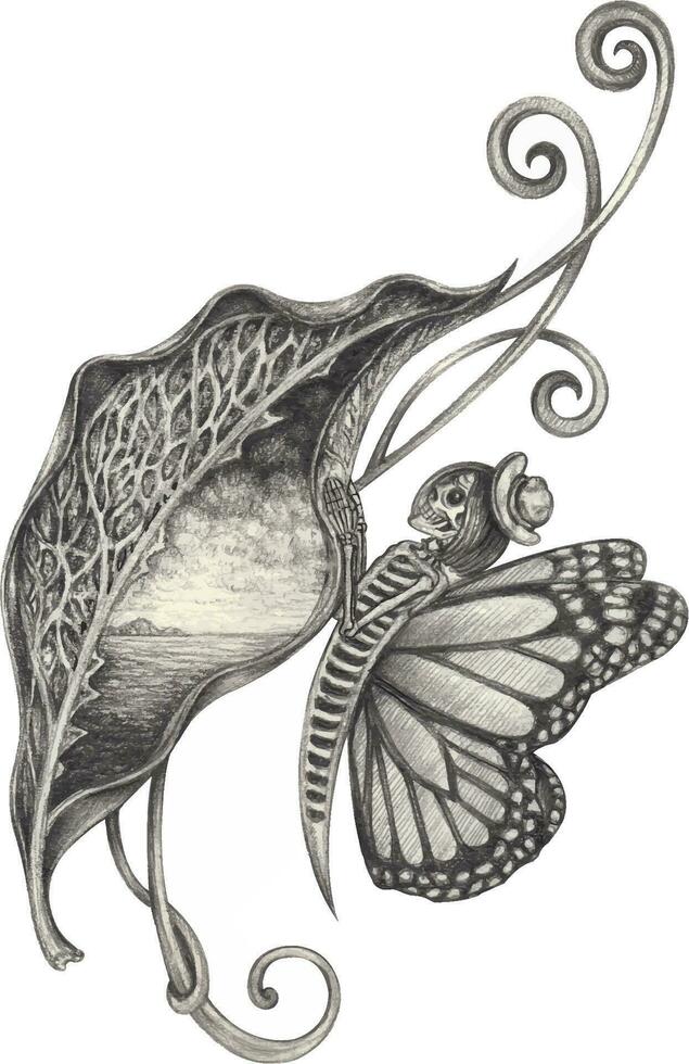 Fantasy surreal nature and butterfly skull.Hand drawing and make graphic vector. vector