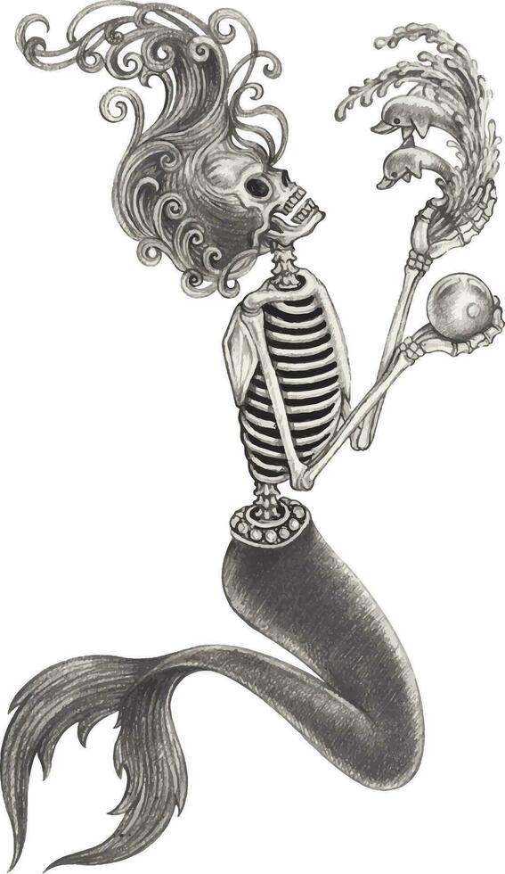 Mermaid skull. Hand drawing and make graphic vector. vector