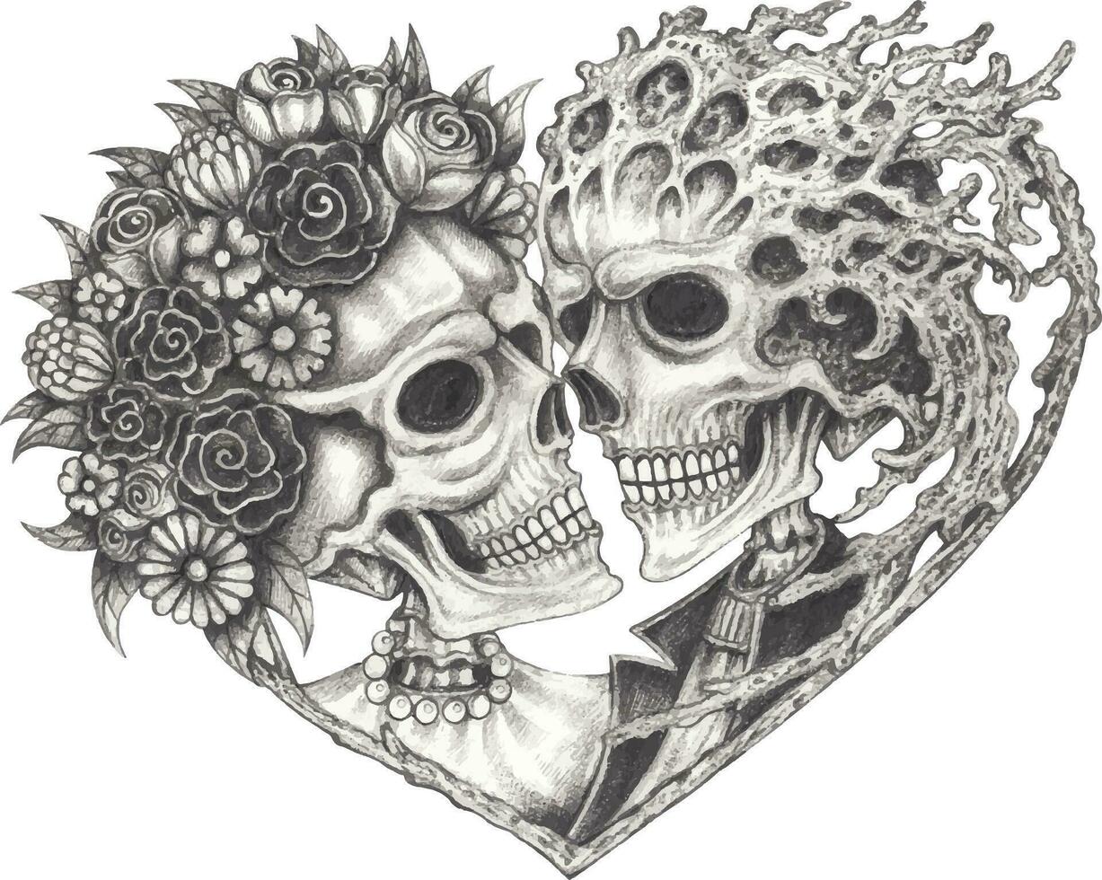 Pareja amor surrealista calaveras mano dibujo y hacer gráfico vector. vector