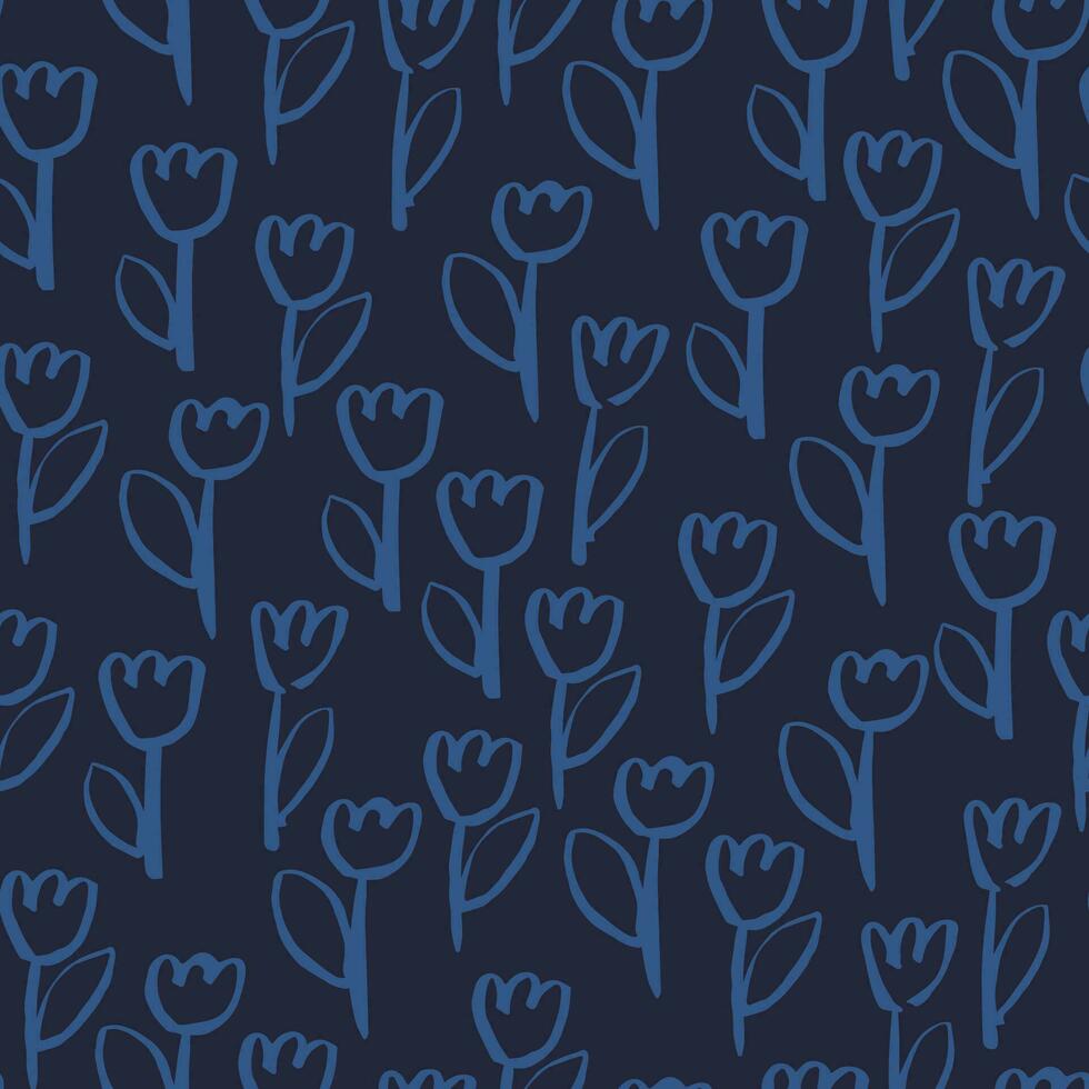 Simple and elegant floral pattern. Vector seamless texture with hand drawn ink Tulips. Monochrome botanical background