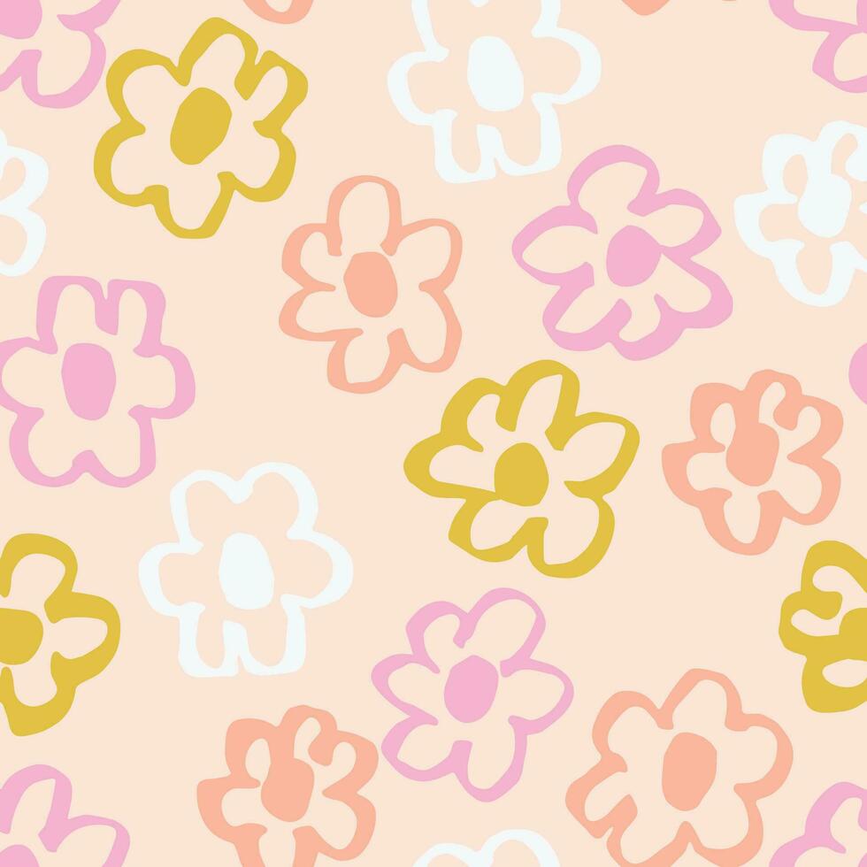 Abstract seamless pattern with hand drawn ink flowers. Vector floral texture. Beautiful botanical background in retro style
