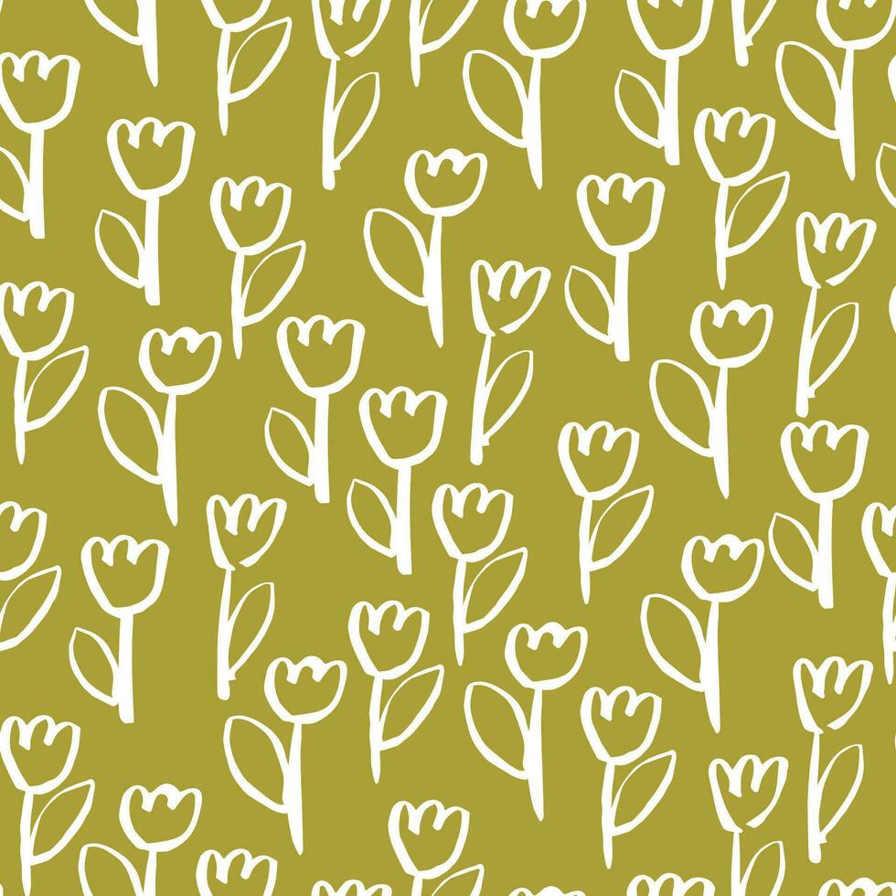 Simple and elegant floral pattern. Vector seamless texture with hand drawn ink Tulips. Monochrome botanical background