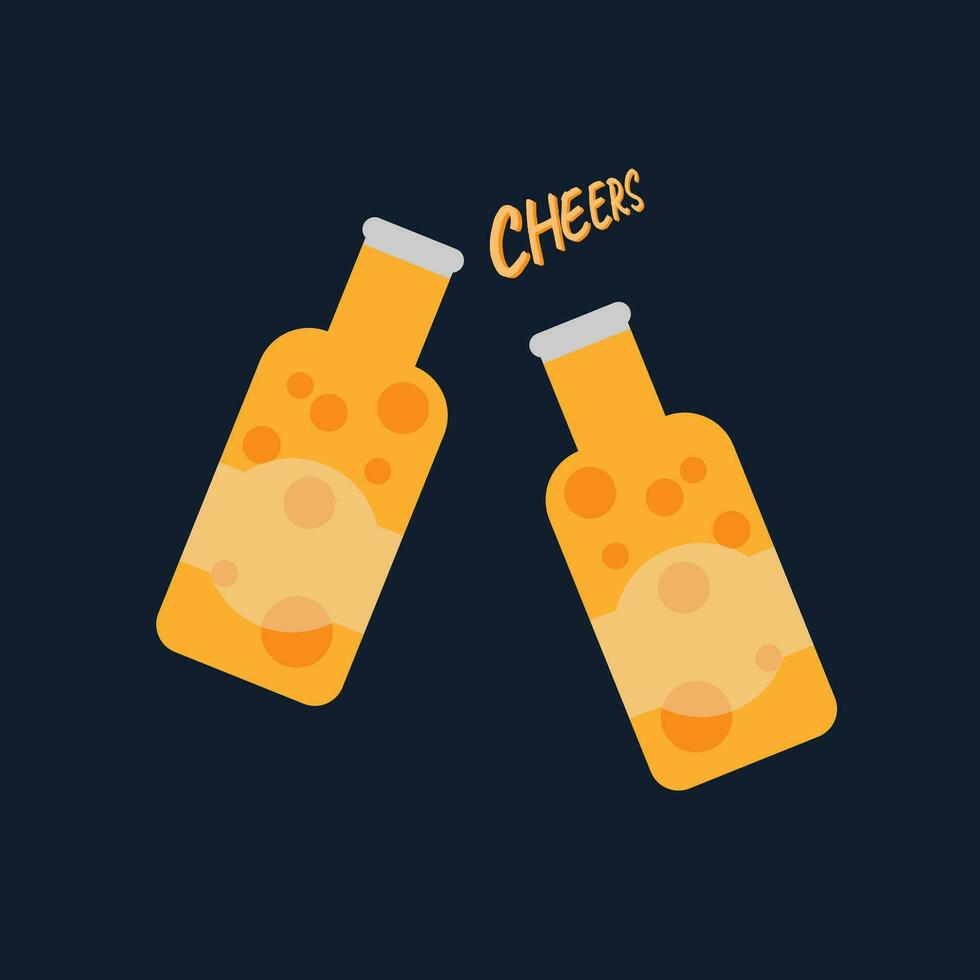 International beer day celebration. Cheers two bottles of beer on dark blue background in flat style. Cold beverage for pub and bar club. vector