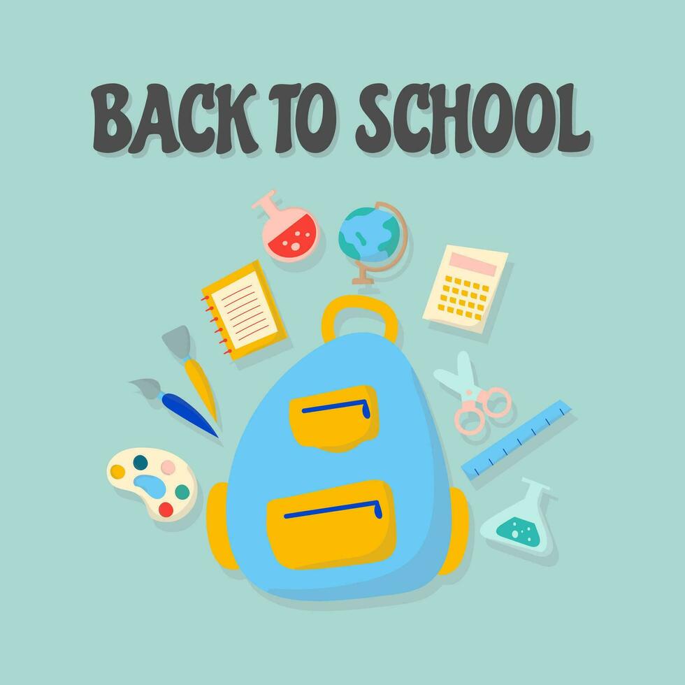Back to school concept. Schoolbag or backpack with a ruler, scissors, paintbrush, color plate, an earth globe, calculator, chemistry, and alarm clock on green background. Flat design. vector