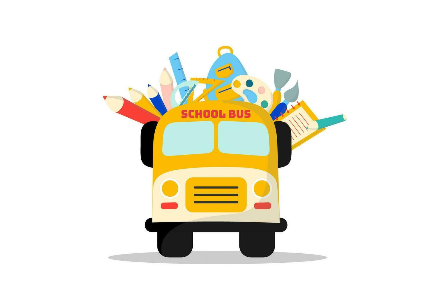 Back to school concept. School bus with schoolbag or backpack with a ruler, scissors, paintbrush, color plate, an earth globe, calculator, chemistry, and alarm clock on white background. vector