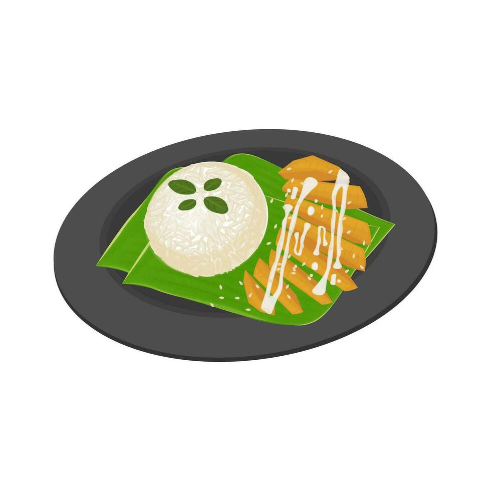 Mango Sticky Rice Thailand traditional Desert Food in a Banana Leaves and Black Plate vector