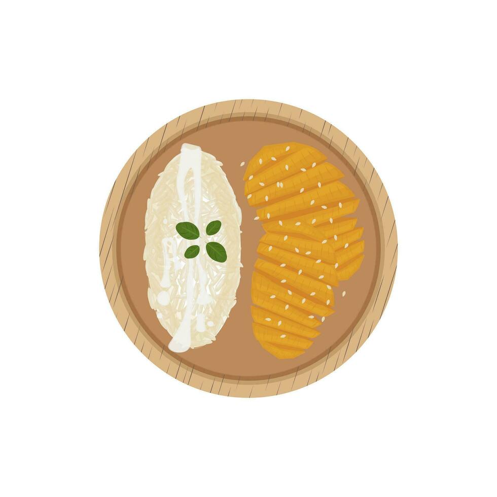Mango Sticky Rice Vector Illustration Logo On A Wooden Plate