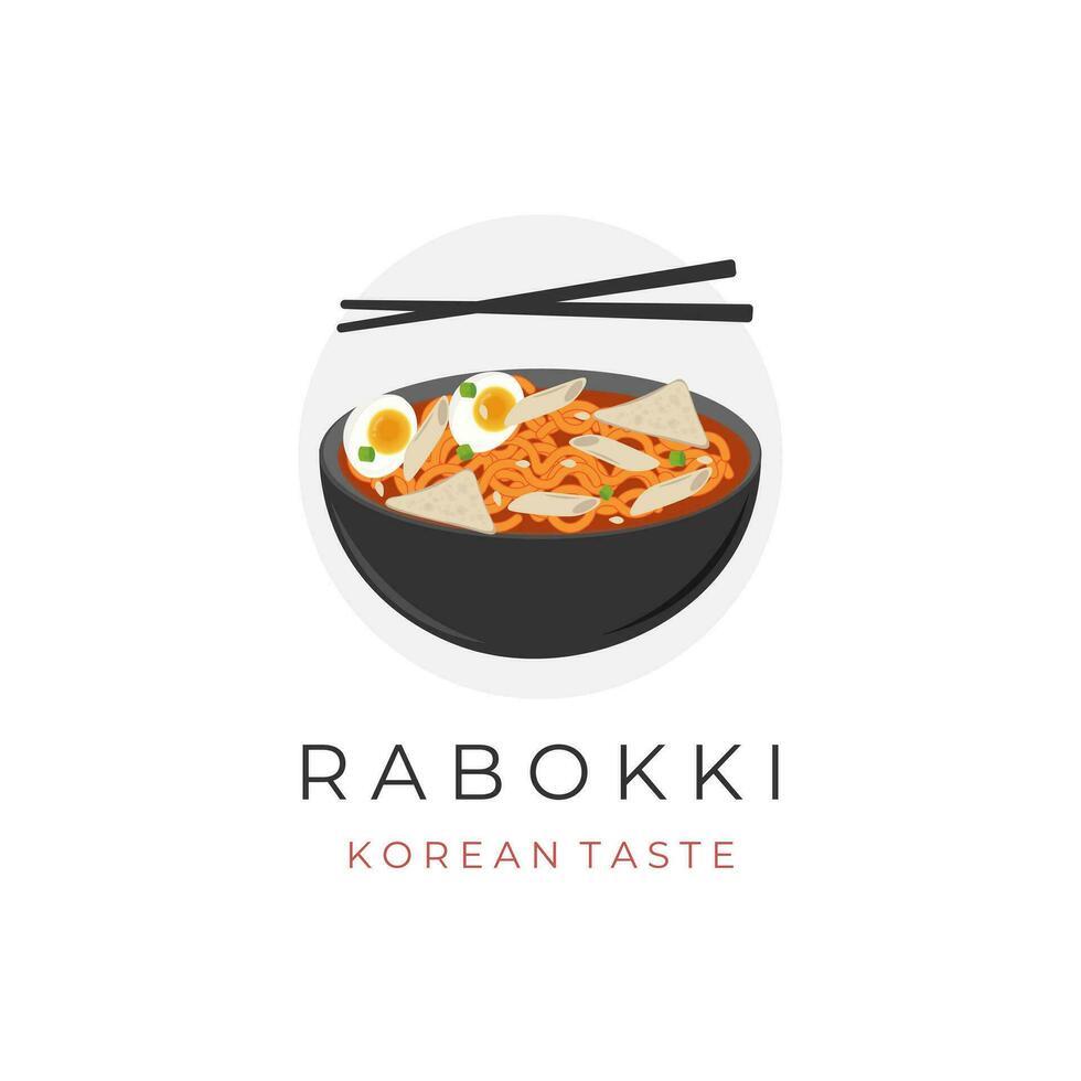 logo ilustración de coreano instante tallarines ramyeon tteokbokki rabokki con palillos vector
