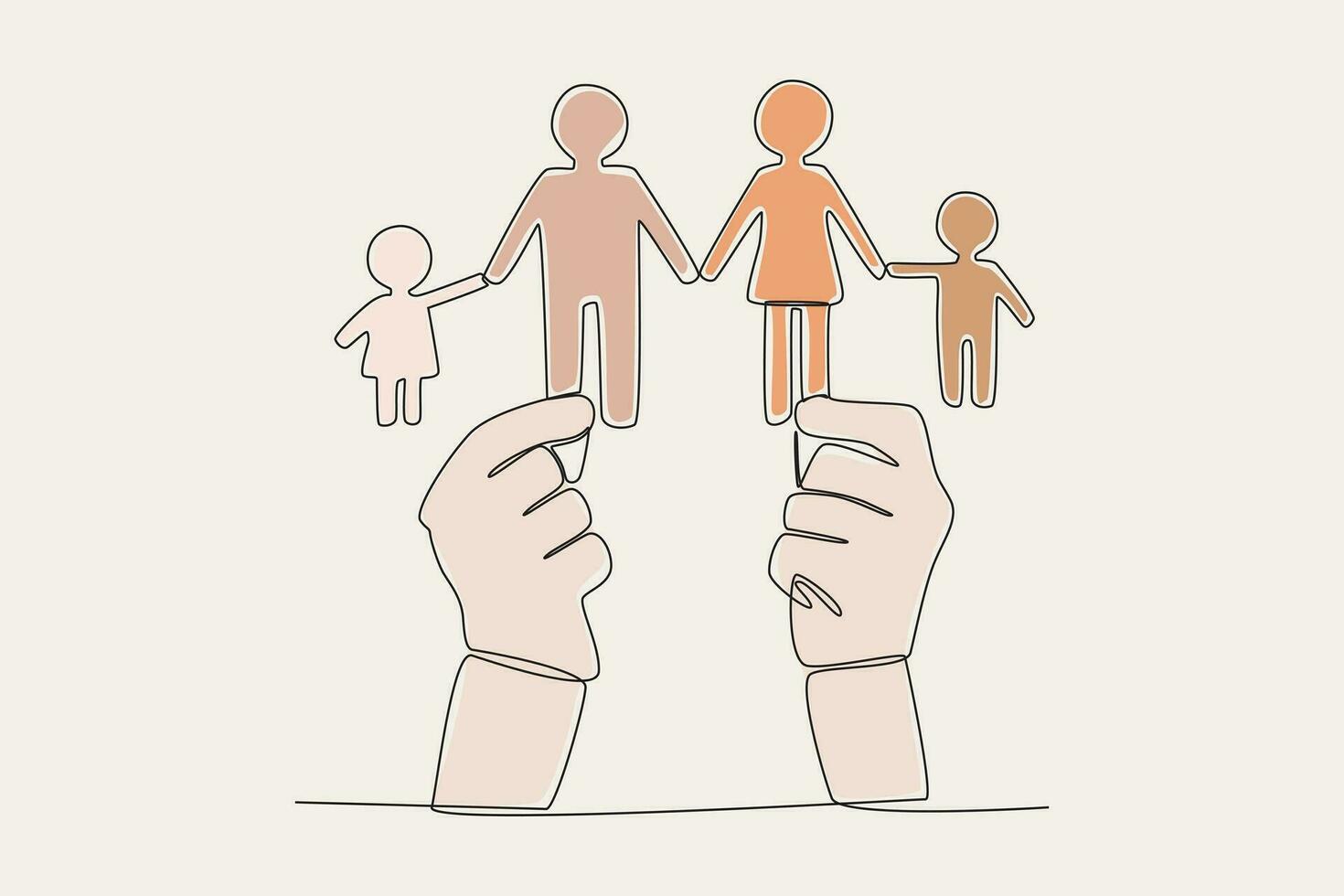 Color illustration of a big hand holding a family vector